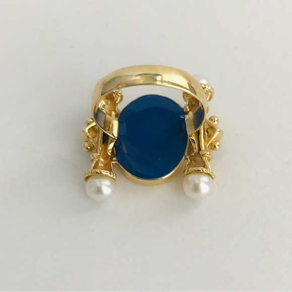 Renaissance Style 14K Glass Cameo, Pearl and Sapphire Ring Size 7 - Picture 4 of 12